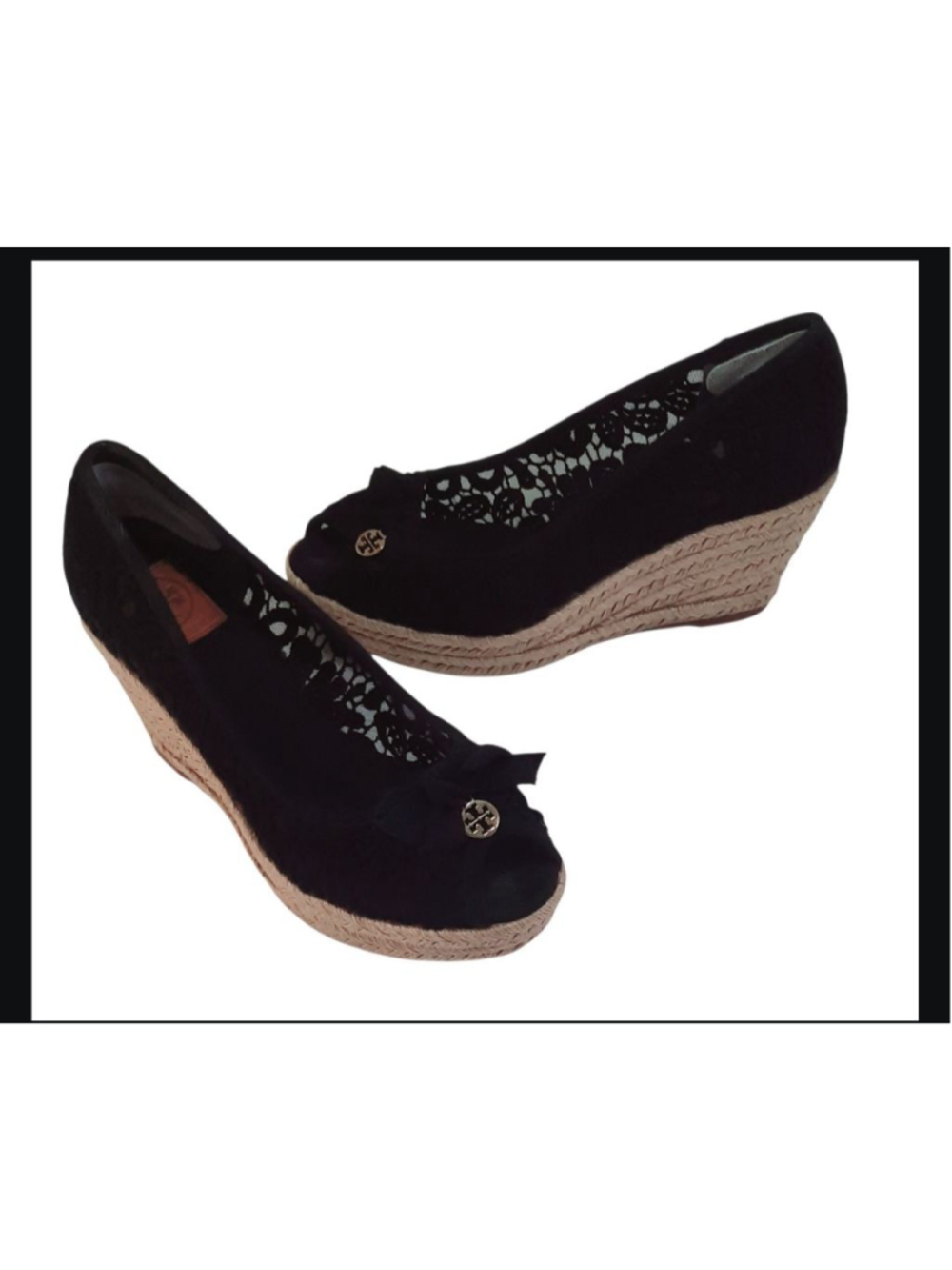 Tory Burch Z3142* Jackie Lace Espadrille Wedge Sandal Black Women Size 11 B